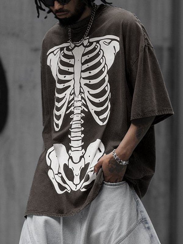 Men's Streetwear Oversized Vintage Wash Skeleton Print Streetwear T-shirt SKUL54753