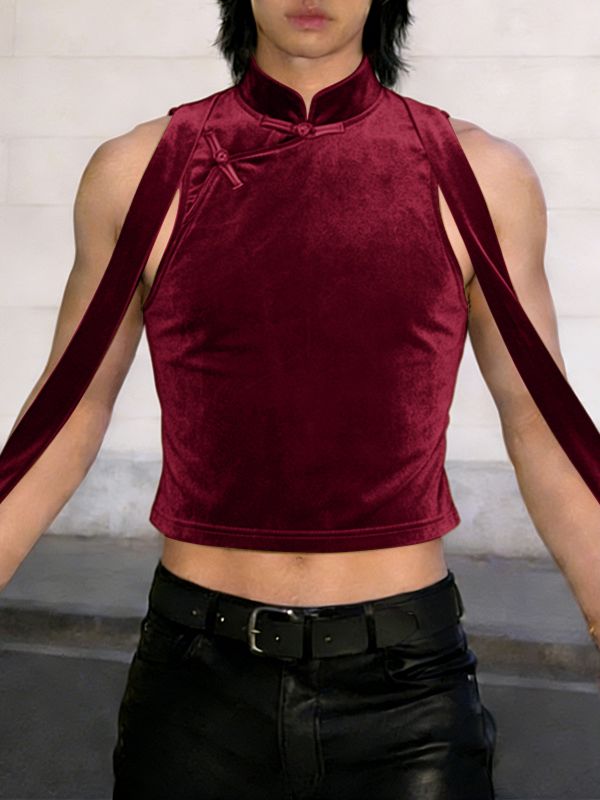 Men's Ribbon Patchwork Velvet Frog Button Stand Collar Cropped Tank SKUL51873