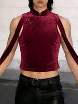 Men's Ribbon Patchwork Velvet Frog Button Stand Collar Cropped Tank SKUL51873