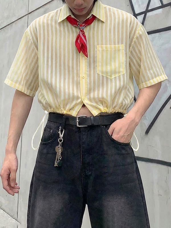 Men's Elastic Drawstring Striped Cropped Short Sleeve Shirt SKUL54659