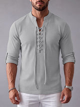 Men's Early Autumn Urban Casual Drawstring Front Textured Long Sleeve T-shirt SKUL81069