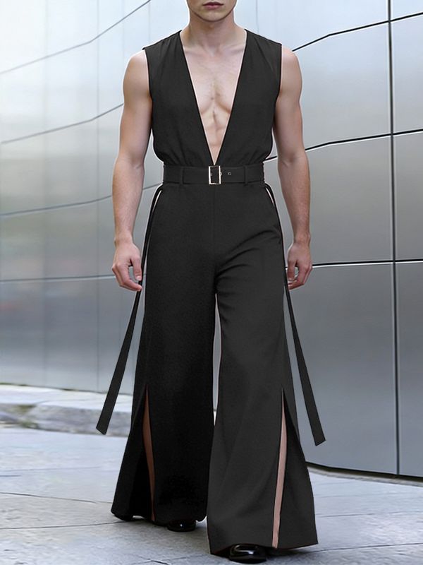 Men's Solid Color Deep V Neck Slit Jumpsuit SKUL55619