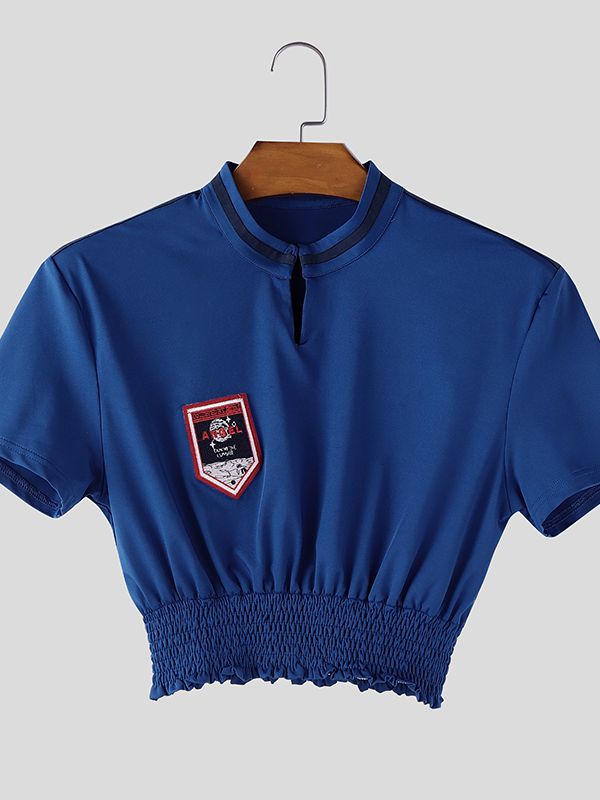 Men's Badge Patch Ruched Hem Short Sleeve Cropped T-shirt SKUL50071