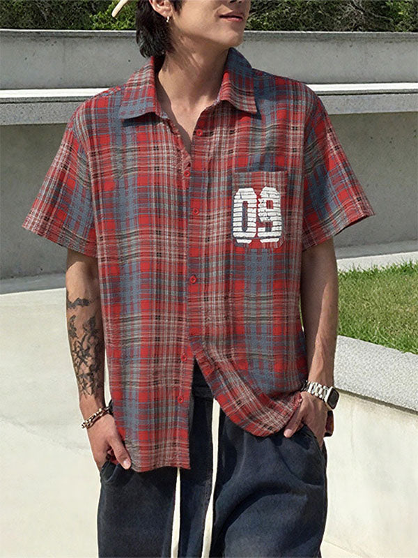 Men's Number Print Plaid Short Sleeve Shirt SKUL21115