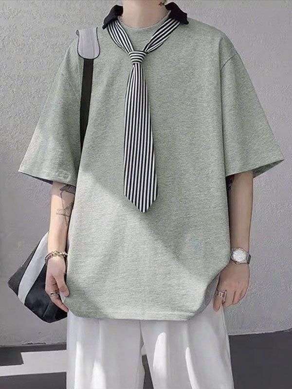 Mens Plaid Tie Contrast Color Short Sleeve T-Shirt SKUL20179