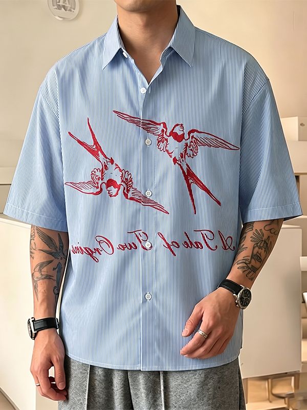 Men's Vintage Artistic Swallow Print Vertical Ribbed Short Sleeve Shirt SKUL69375