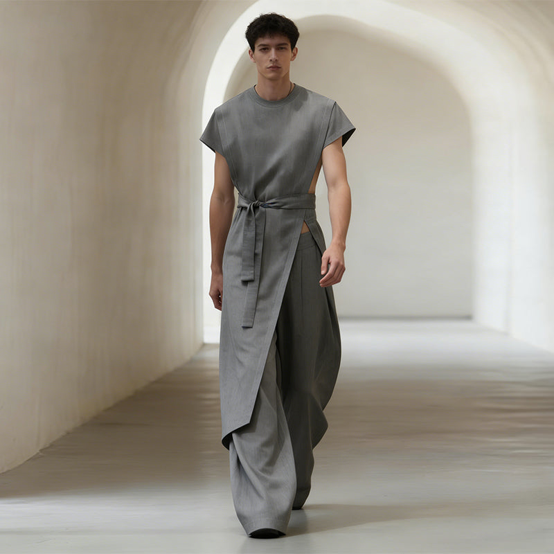 Men's Deconstructed Tie Crew Neck Two Pieces Outfit SKUL67011