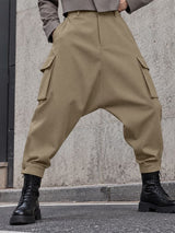 Men's Avant-Garde Deconstructed Stage Runway Drop-Crotch Pleated Slit Hem Harem Pant SKUL86786