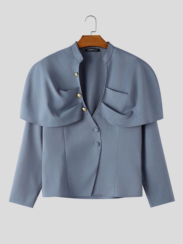 Men's Avant-Garde Capelet Overlay Deep V-Neck Mandarin Collar Shirt SKUL78020