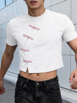 Men's New Chinese Style Frog Button Cropped Short Sleeve T-shirt SKUL56545