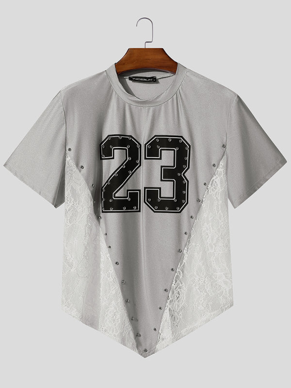 Men's Number Print Lace Sheer Patchwork Short Sleeve T-Shirt SKUL22234