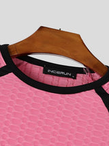 Men's Athletic Gym 3D Honeycomb Textured Contrast Color Block Muscle Fit Raglan Long Sleeve Crew Neck T-shirt SKUL83434