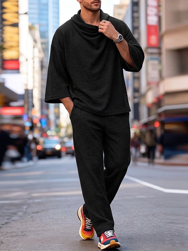 Men's Urban Casual Textured Knit Drop Shoulder 3/4 Sleeve Cowl Neck Two Pieces Outfit SKUL83167