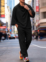 Men's Urban Casual Textured Knit Drop Shoulder 3/4 Sleeve Cowl Neck Two Pieces Outfit SKUL83167
