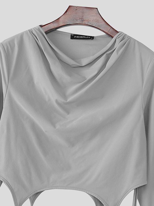 Men's Cutout Cropped Cowl Neck Long Sleeve T-shirt SKUL47776