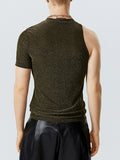 Mens Glitter Lace Up Cutout Asymmetric T-Shirt SKUK10342