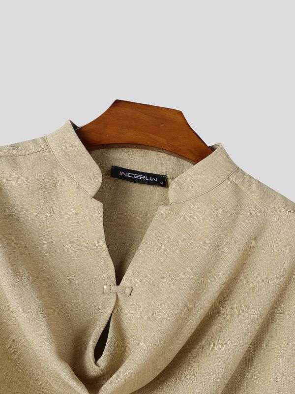 Men's Zen Minimalist Art Exhibition Draped Cape Collar Frog Button Two Pieces Outfit SKUL85354