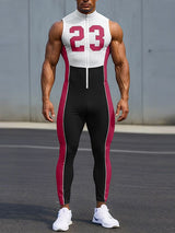 Men's Number Print Colorblock Zipper Bodysuit SKUL31984