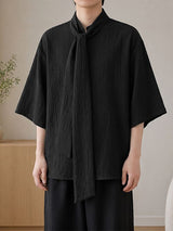 Men's Vintage Modern Chinese Scarf Tie Mandarin Collar Crinkled Oversized Short Sleeve Shirt SKUL71250
