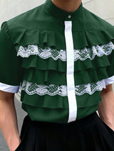 Men's Lace Patchwork Ruffled Short Sleeve Shirt SKUL50081