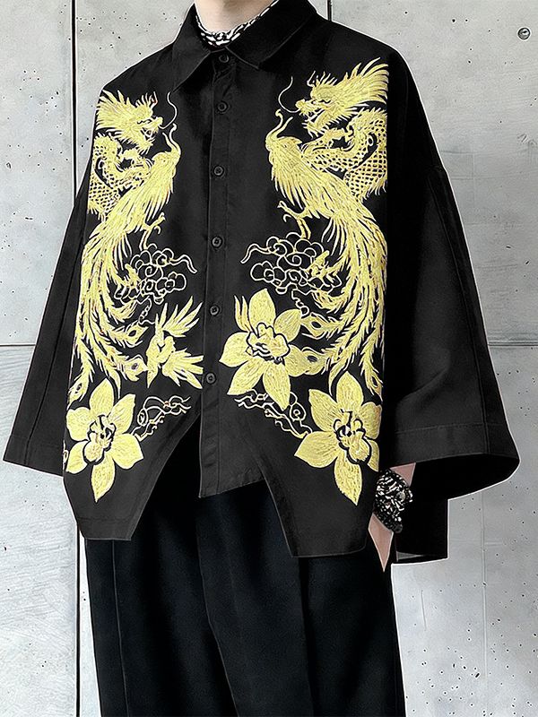 Men's New Chinese Style Dragon & Phoenix Print Asymmetrical Jagged Hem Shirt SKUL52937