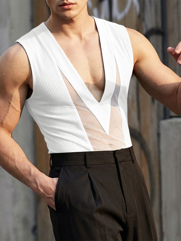 Men's Sheer Mesh Patchwork Knit Tank SKUL56123