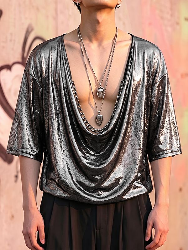 Men's Y2K Liquid Metal Avant-Garde Drape Cowl Neck T-shirt SKUL70453