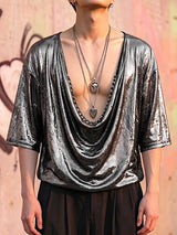 Men's Y2K Liquid Metal Avant-Garde Drape Cowl Neck T-shirt SKUL70453