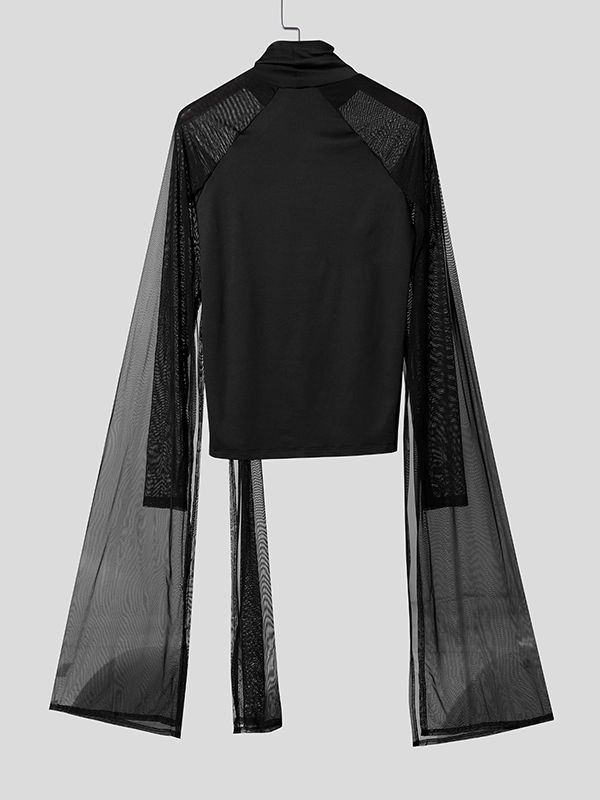 Men's Sheer Mesh Patchwork High Neck Long Sleeve T-Shirt SKUL39705