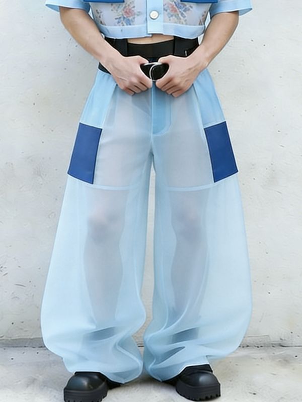 Men's Avant-Garde Sheer Mesh Patchwork Wide Leg Pant SKUL60252