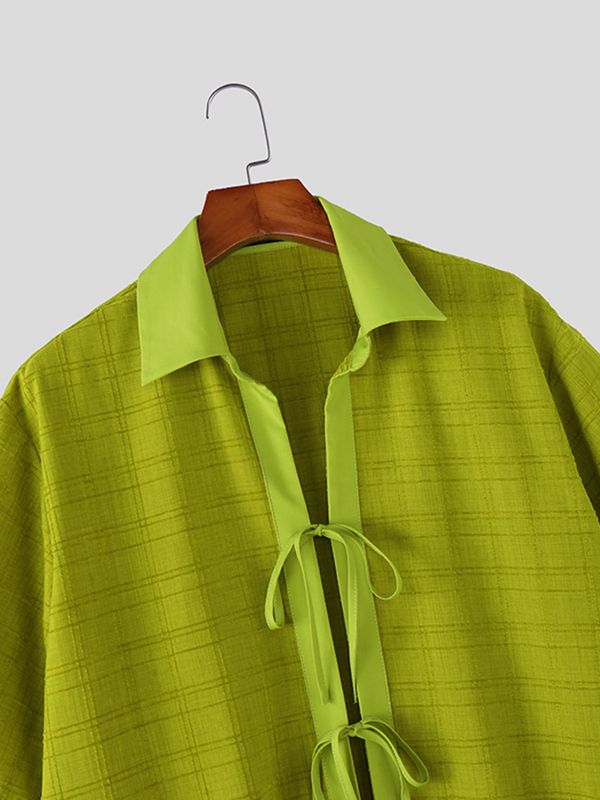 Men's Avant-Garde Lace-Up Front Cropped Windowpane Grid Short Sleeve Shirt SKUL63062