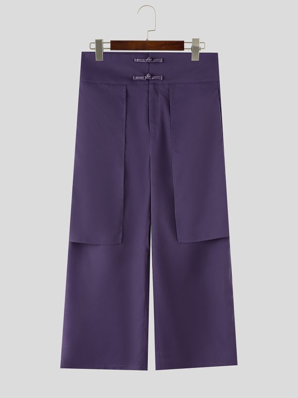 Men's Panel Patchwork Frog Button Wide Leg High Waist Pant SKUL59497