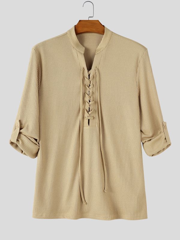 Men's Early Autumn Urban Casual Drawstring Front Textured Long Sleeve T-shirt SKUL81069