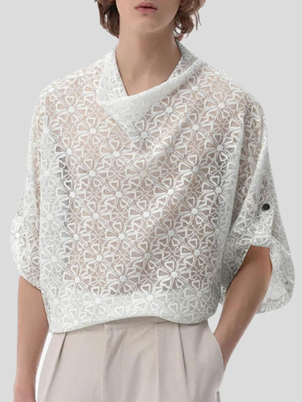 Men's Sheer Lace Draped Collar Long Sleeve T-Shirt SKUL37581