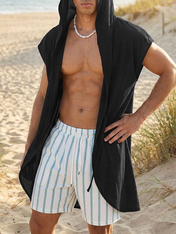 Men's Beach Resort Sheer Front Tie Hooded Sleeveless Cardigan SKUL65271