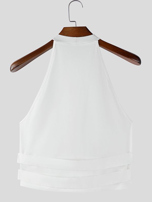 Men's Avant-Garde Mock Neck Mesh Panel Double Buckle Cropped Tank SKUL55394