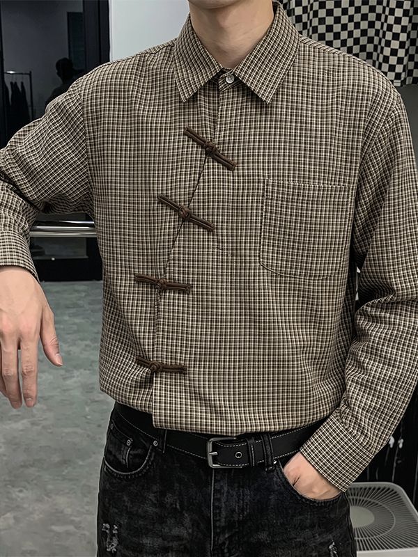 Men's Neo-Chinese Avant-Garde Asymmetrical Frog-Button Micro-Plaid Shirt SKUL77514