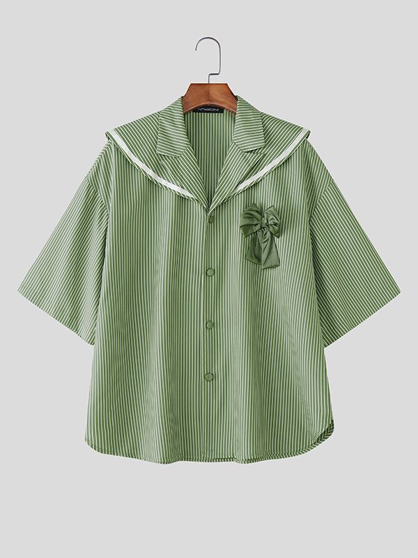 Men's Satin Bow Striped Sailor Collar Shirt SKUL41064