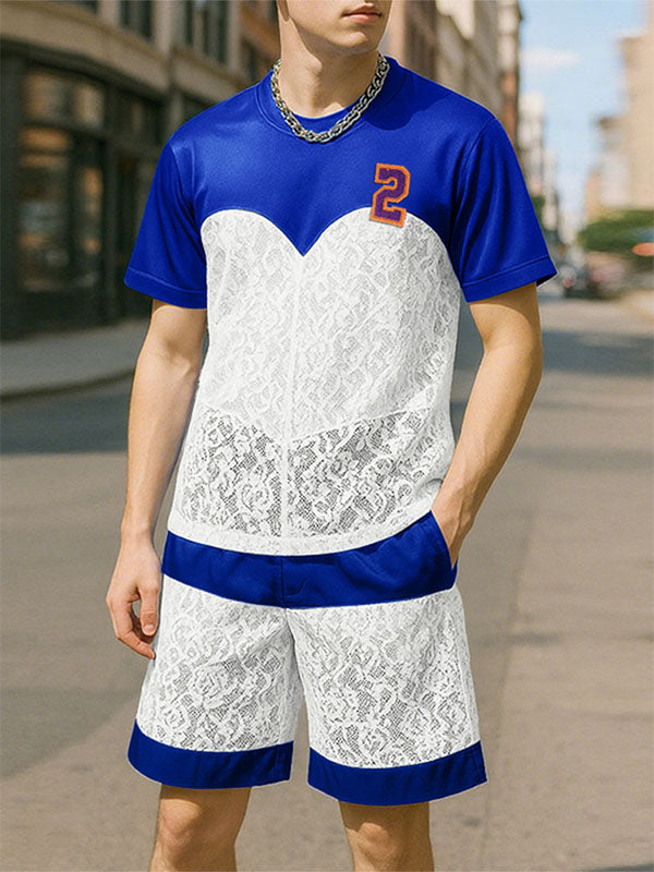 Mens Digital Print Lace Patchwork Two Pieces Outfit SKUL20285