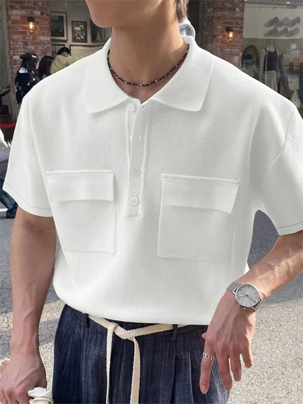 Men's Solid Color Knit Double Pocket Short Sleeve Shirt SKUL21109