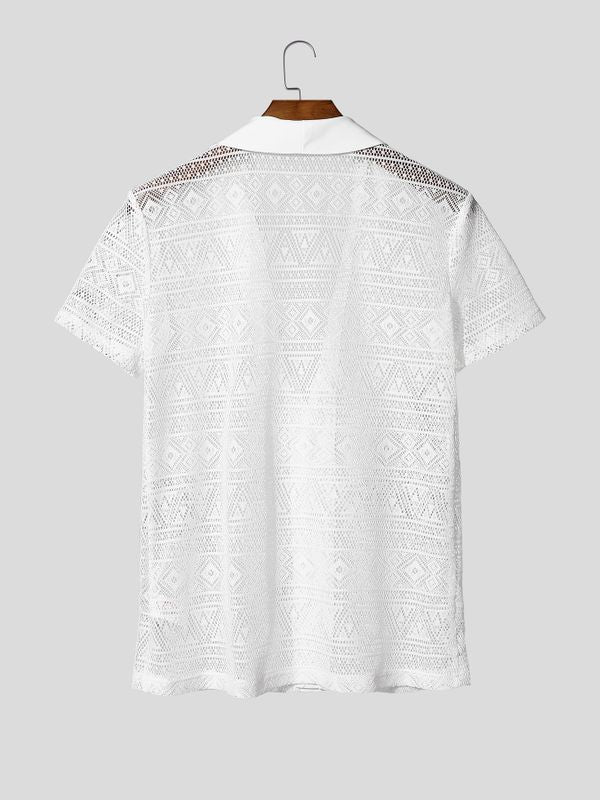 Men's Sheer Lace Mesh Short Sleeve Shirt SKUL57736
