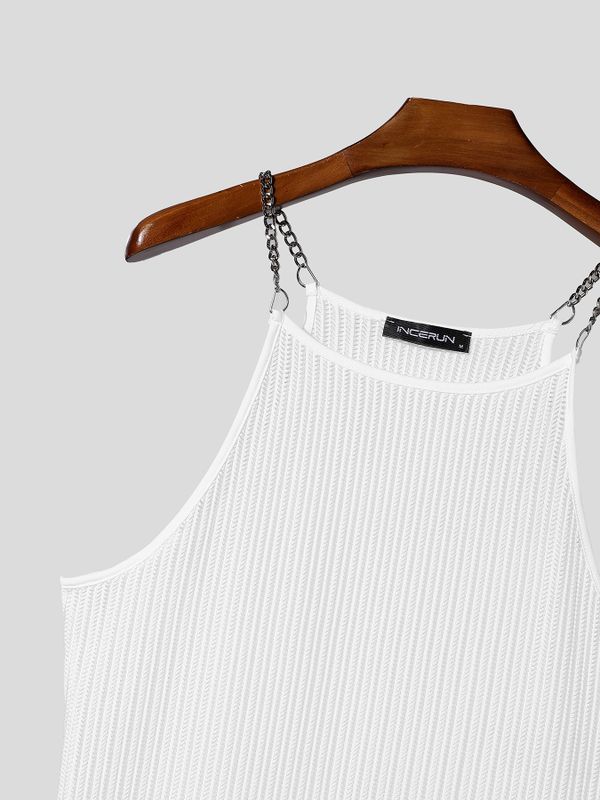 Men's Clubwear Metal Chain Strap Sheer Mesh Zigzag Knit Square Neck Slim Fit Tank SKUL68396