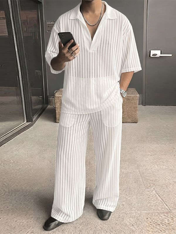 Men's Resort Casual High Street Translucent Vertical Stripe Mesh Two Pieces Outfit SKUL71254