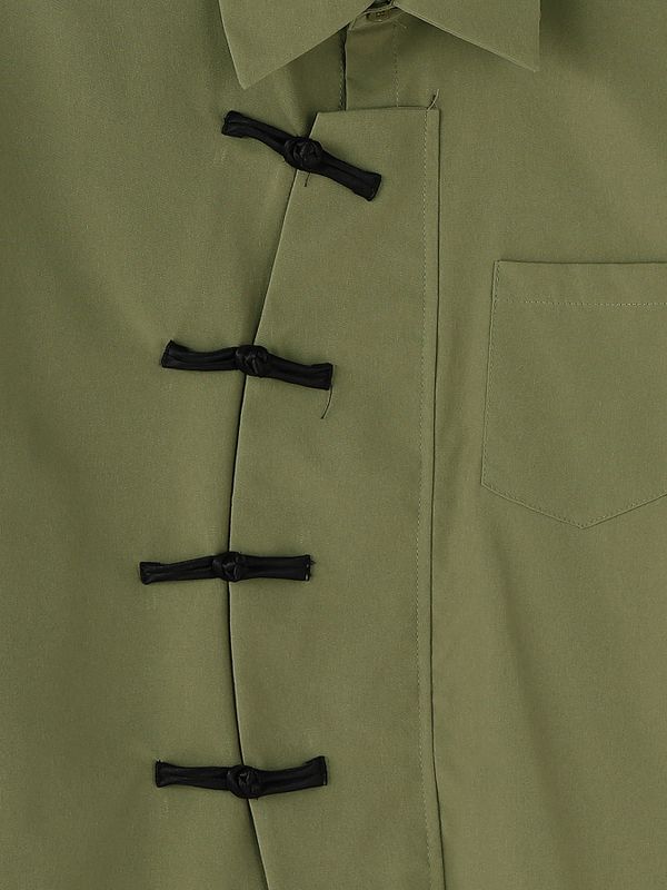 Men's Asymmetric Color Block Frog Button Loose Short Sleeve Shirt SKUL57095
