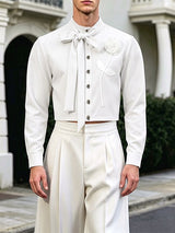 Men's Avant-Garde Runway 3D Rose Flower Applique Cascading Bow Tie Long Sleeve Waist Length Cropped Jacket SKUL81826