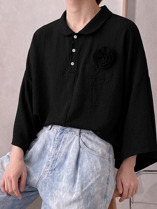 Men's Zen Minimalist Art Exhibition 3D Rose Flower Crinkle Textured Kimono Sleeve Shirt SKUL85967