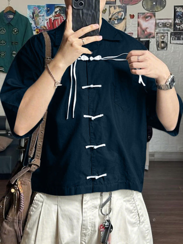 Men's Frog Button Contrast Color Short Sleeve Shirt SKUL45324