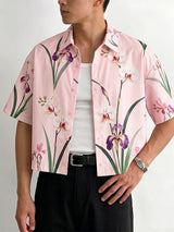 Men's Vintage Floral Botanical Print Cropped Short Sleeve Resort Shirt SKUL68331