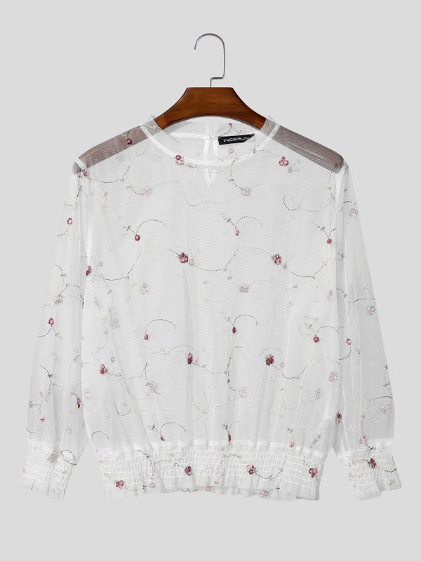 Men's Avant-Garde Sheer Floral Embroidered Mesh Shirt SKUL59802