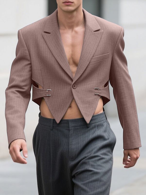 Men's Deconstructed Hollow Striped Cropped Long Sleeve Blazer SKUL30442